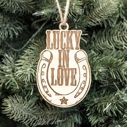 Ornament - Lucky in Love - Horseshoe - Raw Wood 3x5in Ornament - Lucky in Love - Horseshoe - Raw Wood 3x5in
